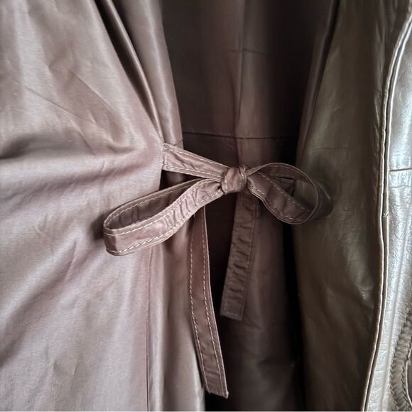 Vintage 70's Brown Leather Fur Trim Belted Midi Trench Coat Jacket - Picture 4 of 8